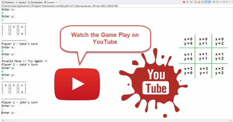 Watch the Tic Tac Toe Java Console Game Play on youtube